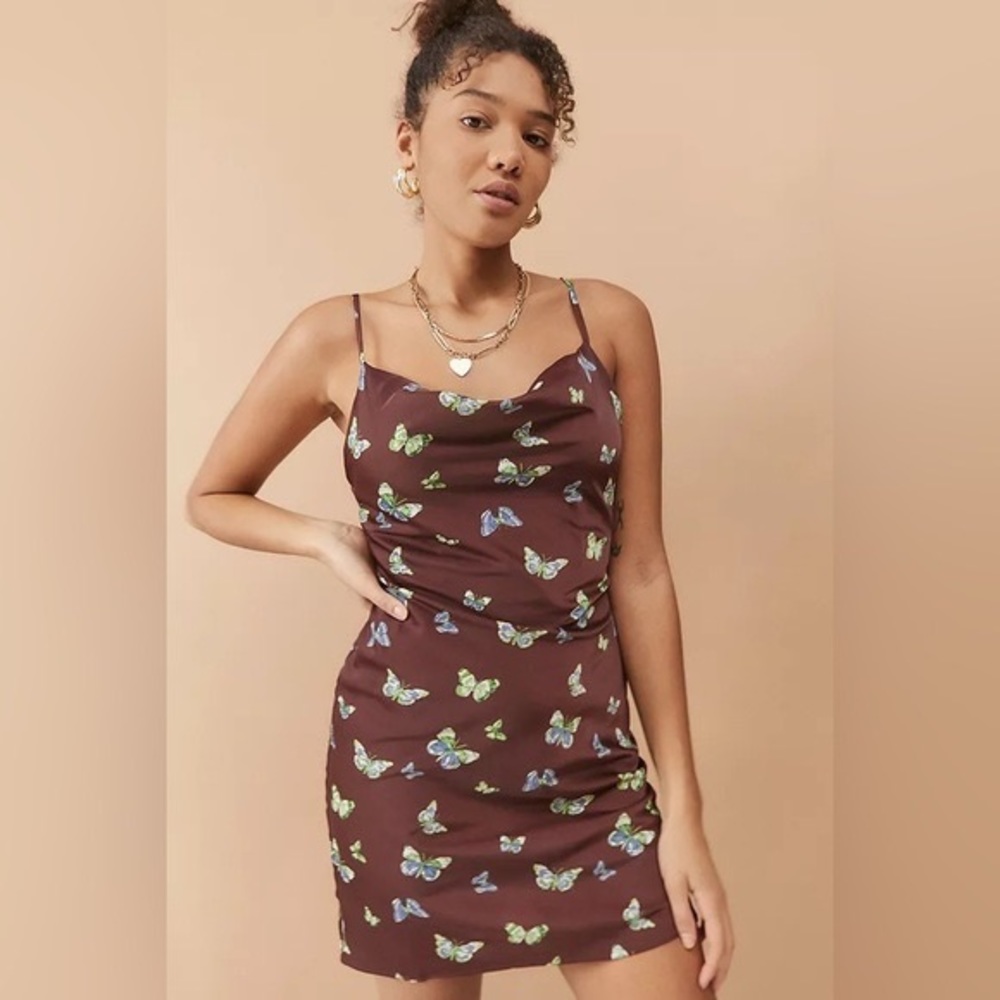 Urban Outfitters butterfly print brown and green cowl neck slip dress